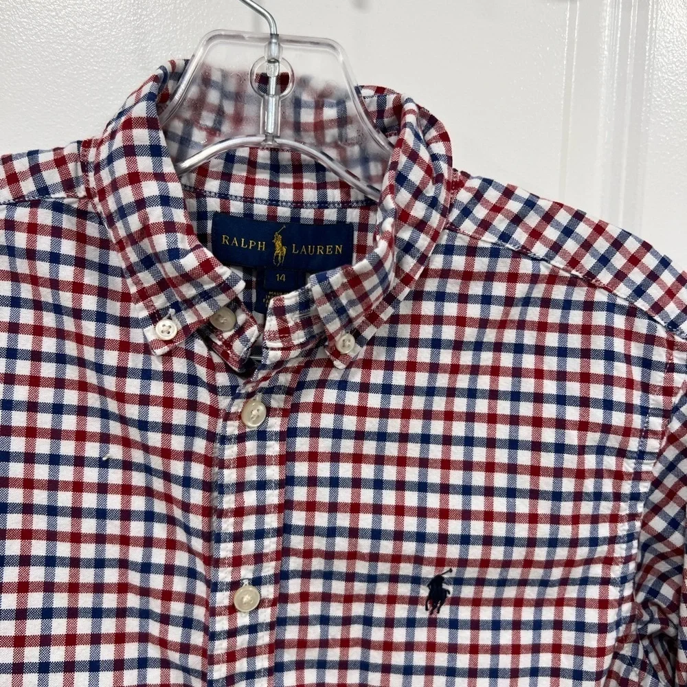 Ralph Lauren Boys Red Blue Gingham Plaid Button Down Shirt Size 14